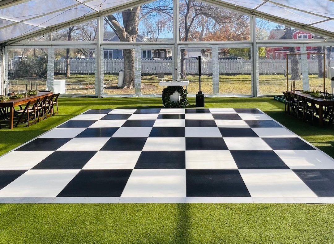 black and white checkered dance floor rental